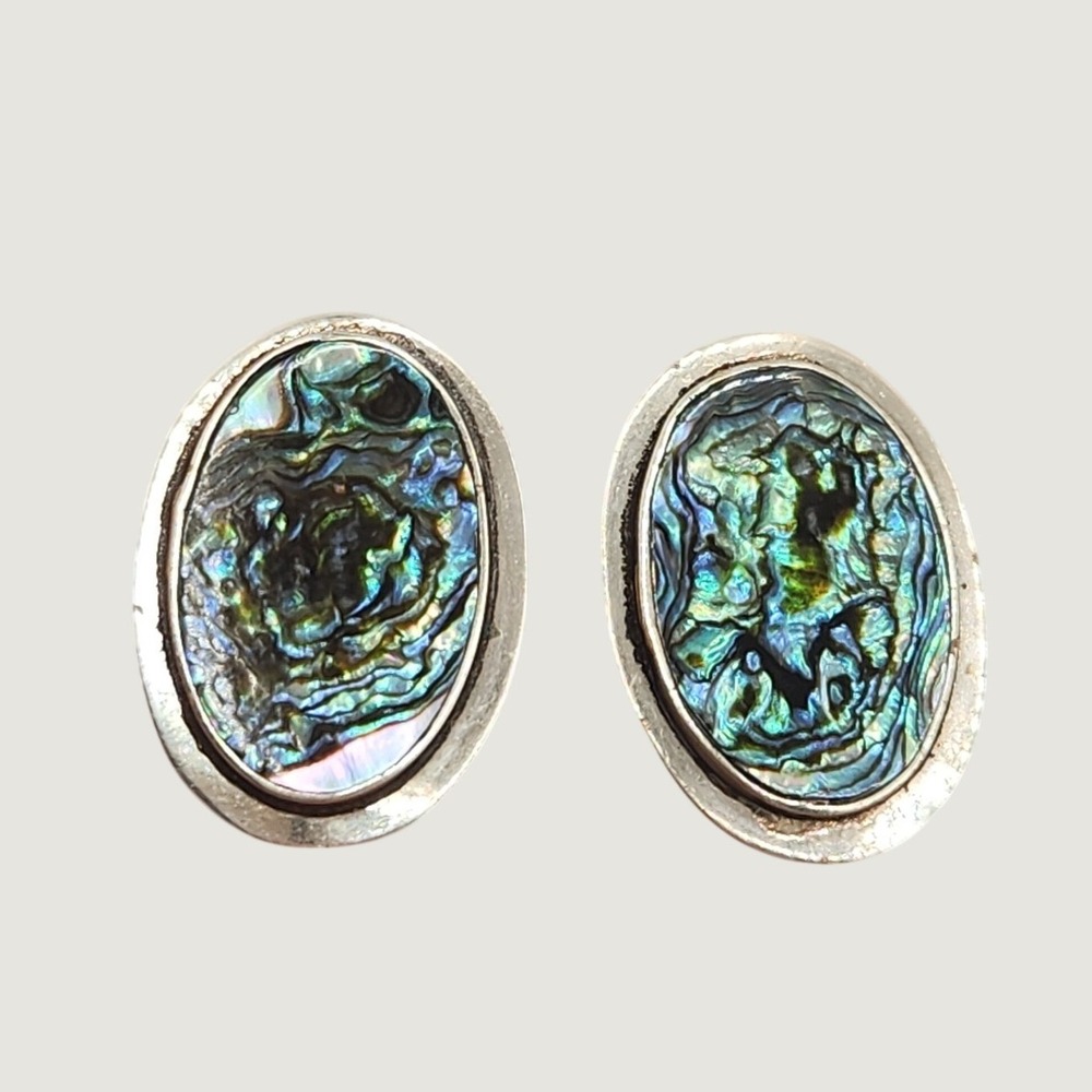 Vintage Alpaca Mexico Abalone Shell Clip On Earrings Southwestern Oval Silver